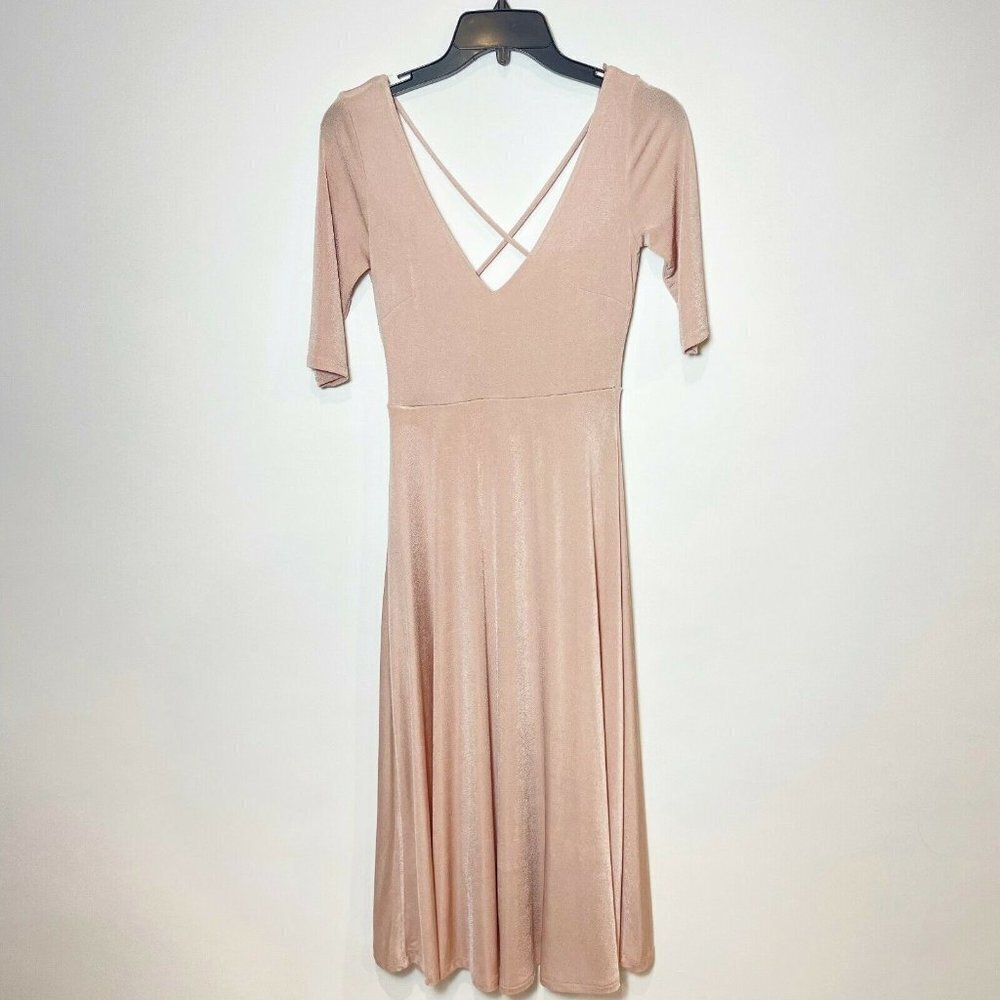 ASTR Womens The Label Shine V-Neck Cross Back Midi‎ Dress Pink Small 3/4 Sleeves